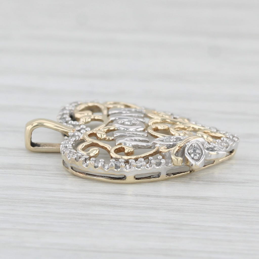 Light Gray Mom Floral Diamond Heart Pendant 10k Gold Openwork