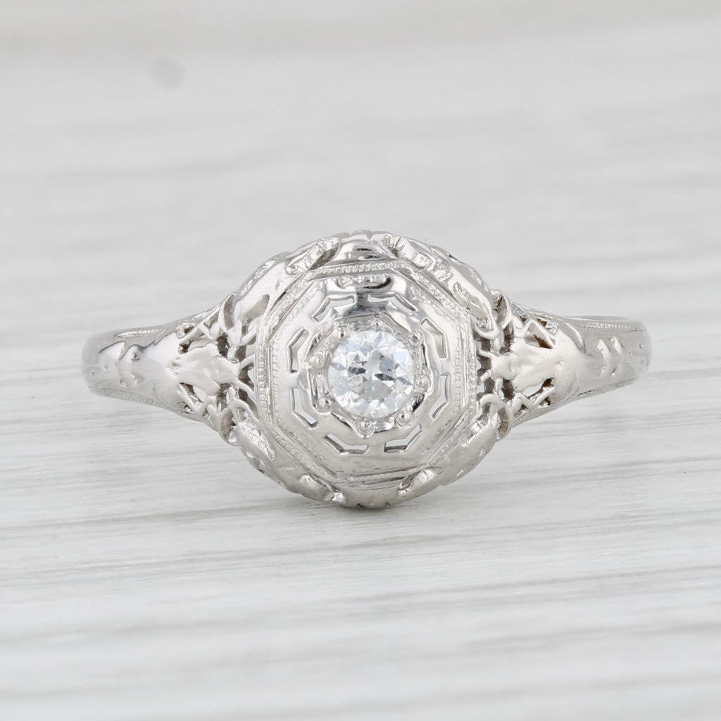 Light Gray Vintage Art Deco 0.10ct Diamond Ring 18k White Gold Size 7.5 Old European Cut