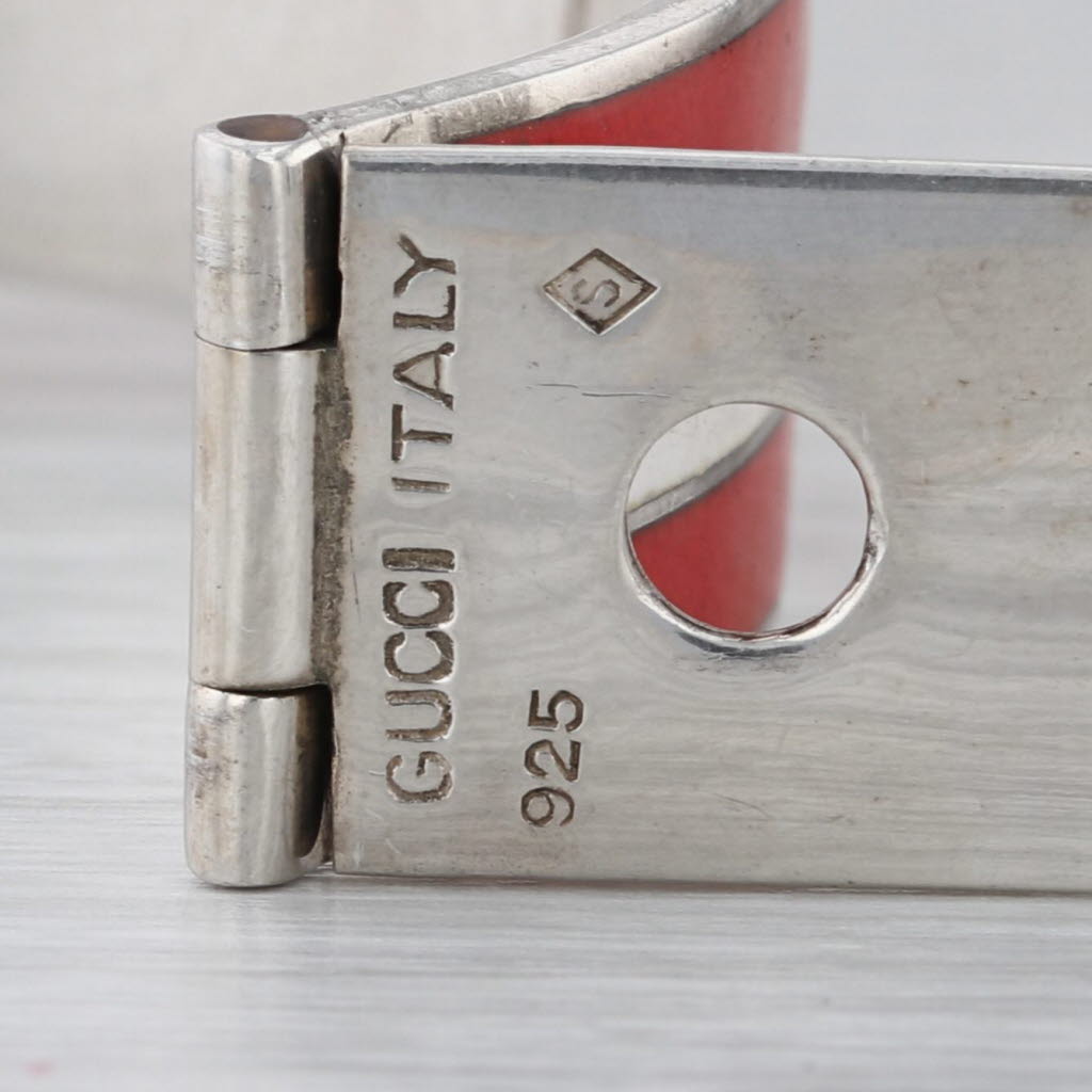 Gucci Belt Bangle Bracelet Sterling Silver Red White Enamel 6.5"