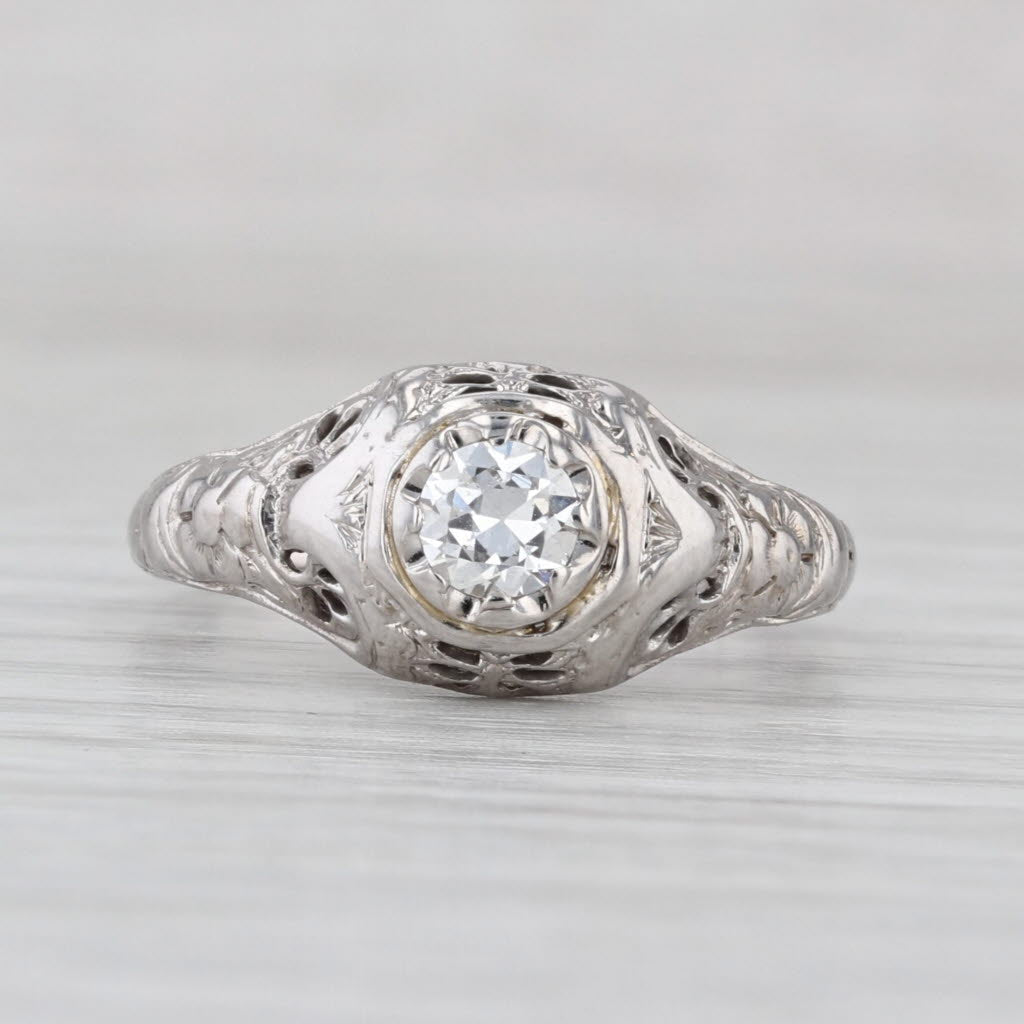 Art Deco 0.36ct Diamond Solitaire Engagement Ring 18k White Gold Filigree