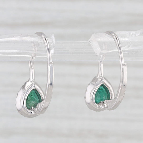 New 0.88ctw Emerald Diamond Halo Teardrop Earrings 14k White Gold Lever Backs