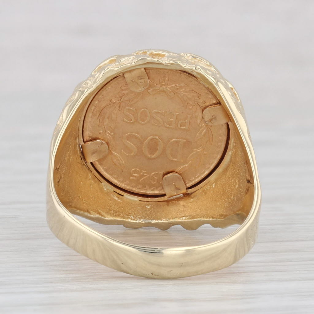 Light Gray 1945 Dos Pesos Coin Ring 14k 900 Yellow Gold Nugget Size 7.5 Mexico