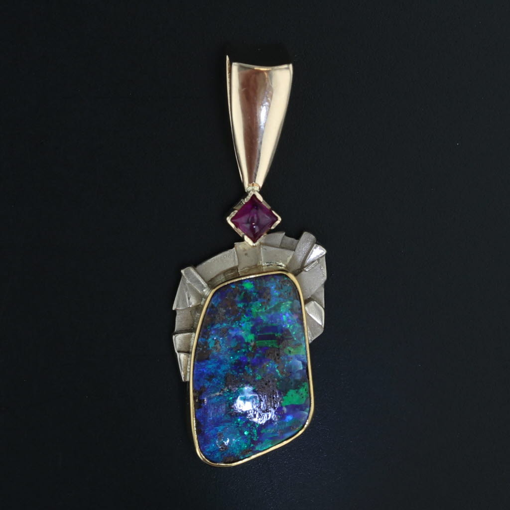 Black Colorful Boulder Opal Ruby Pendant 14k Yellow White Gold