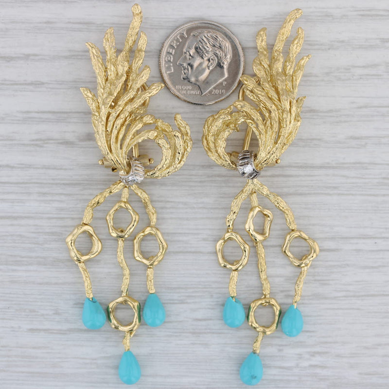 Gray Italian Dangle Statement Earrings 18k Gold Diamond Imitation Turquoise Clip On