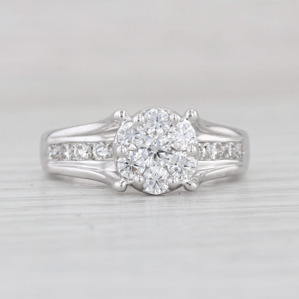 0.87ctw Diamond Cluster Engagement Ring 14k White Gold Size 6.75