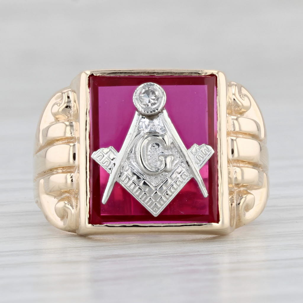 Light Gray Masonic Signet Ring 10k Gold Lab Created Ruby Diamond Blue Lodge Square Compass