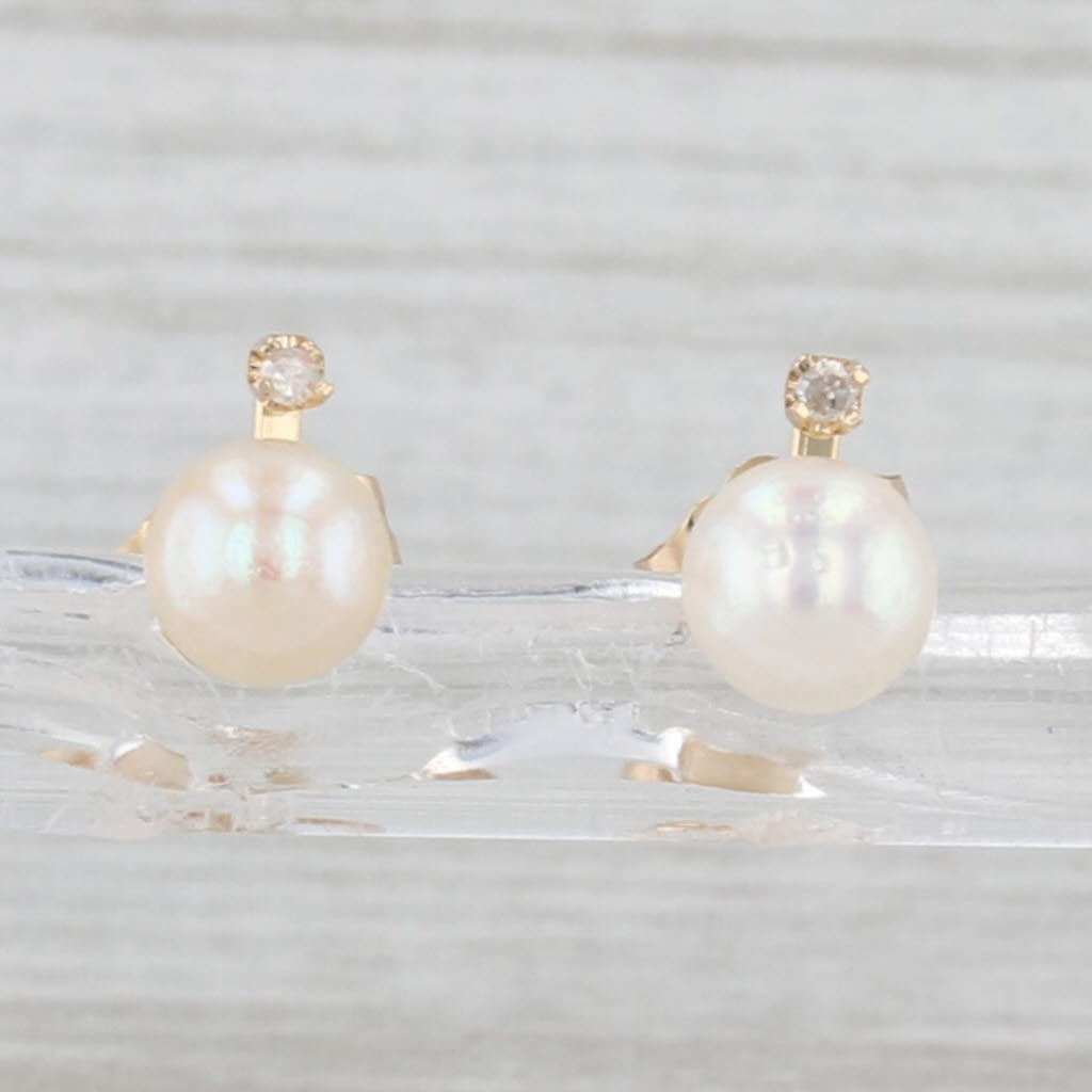 Cultured Pearl Stud Earrings 14k Yellow Gold Diamond Accents