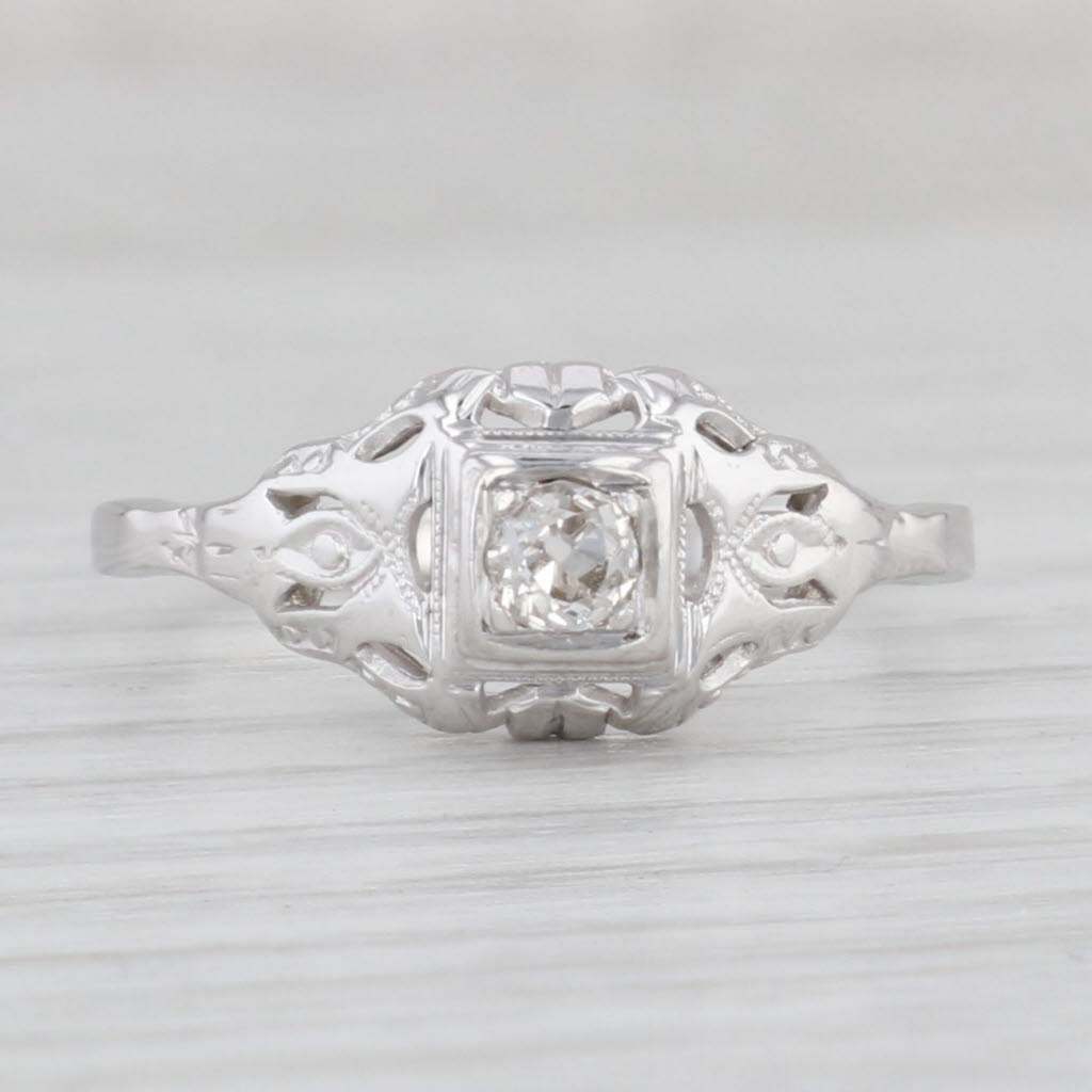 Light Gray Art Deco 0.12ct Diamond Solitaire Ring 10k 18k White Gold Size 8