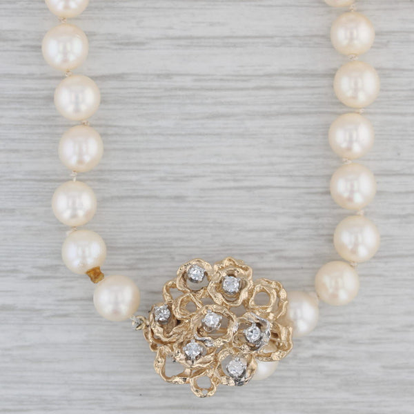 0.15ctw Diamond Flower Pendant Pearl Strand Necklace 14k Gold 33" Adjustable