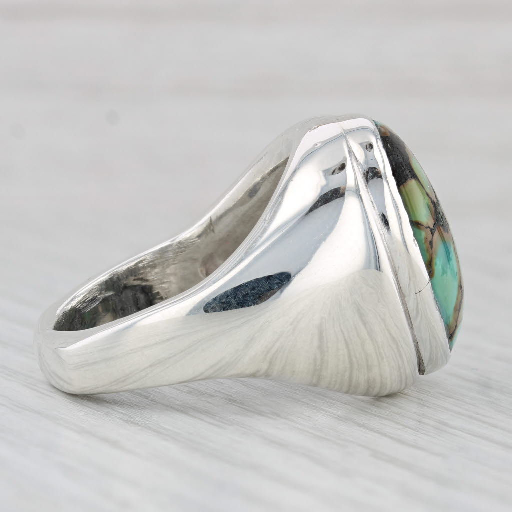 Light Gray Large Native American Marbled Turquoise Ring Sterling Silver Size 13.5