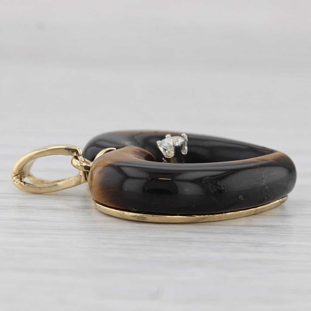 Light Gray Tiger's Eye Open Heart Diamond Pendant 18k Yellow Gold