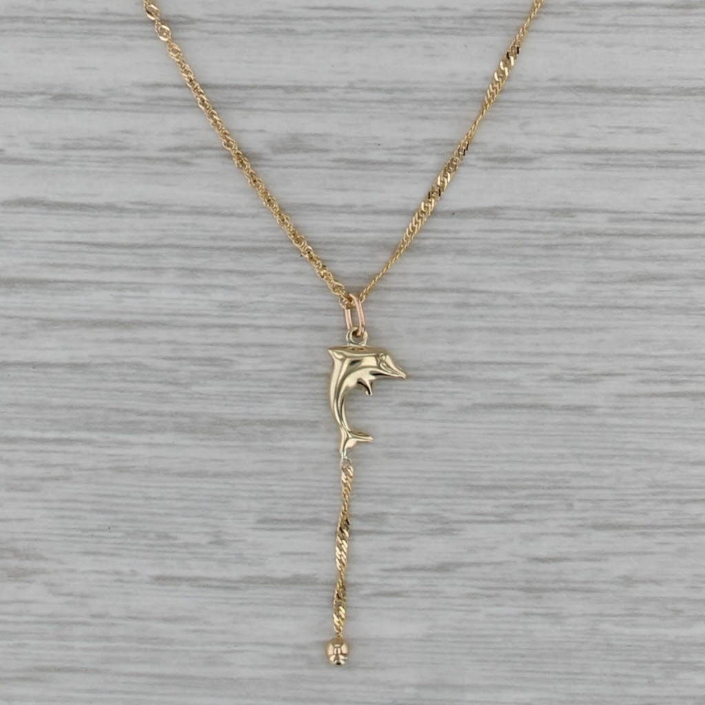 Dolphin Pendant Singapore Chain Necklace 10k Yellow Gold 17"