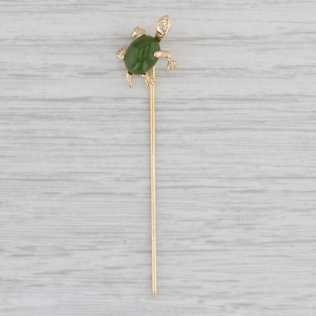 Light Gray Little Turtle Stickpin Green Nephrite Jade 14k Yellow Gold Vintage