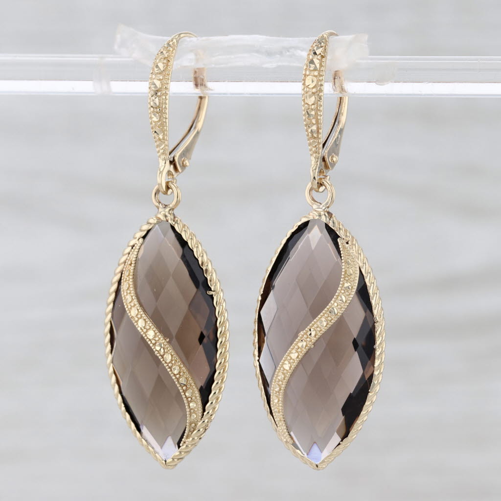 19.50ctw Smoky Quartz Marquise Dangle Earrings 14k Yellow Gold Lever Backs