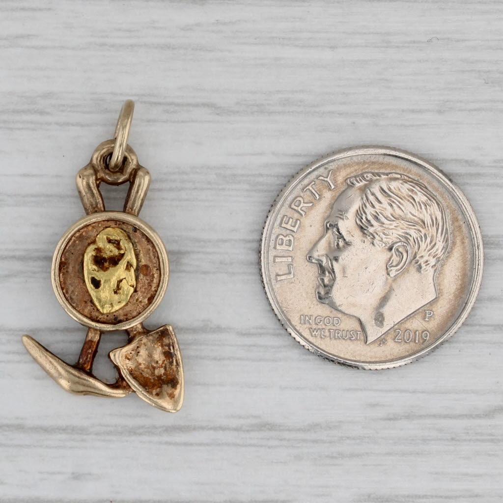 Gray Gold Mining Tools Pendant 14k Yellow Gold Charm Shovel Axe Coin