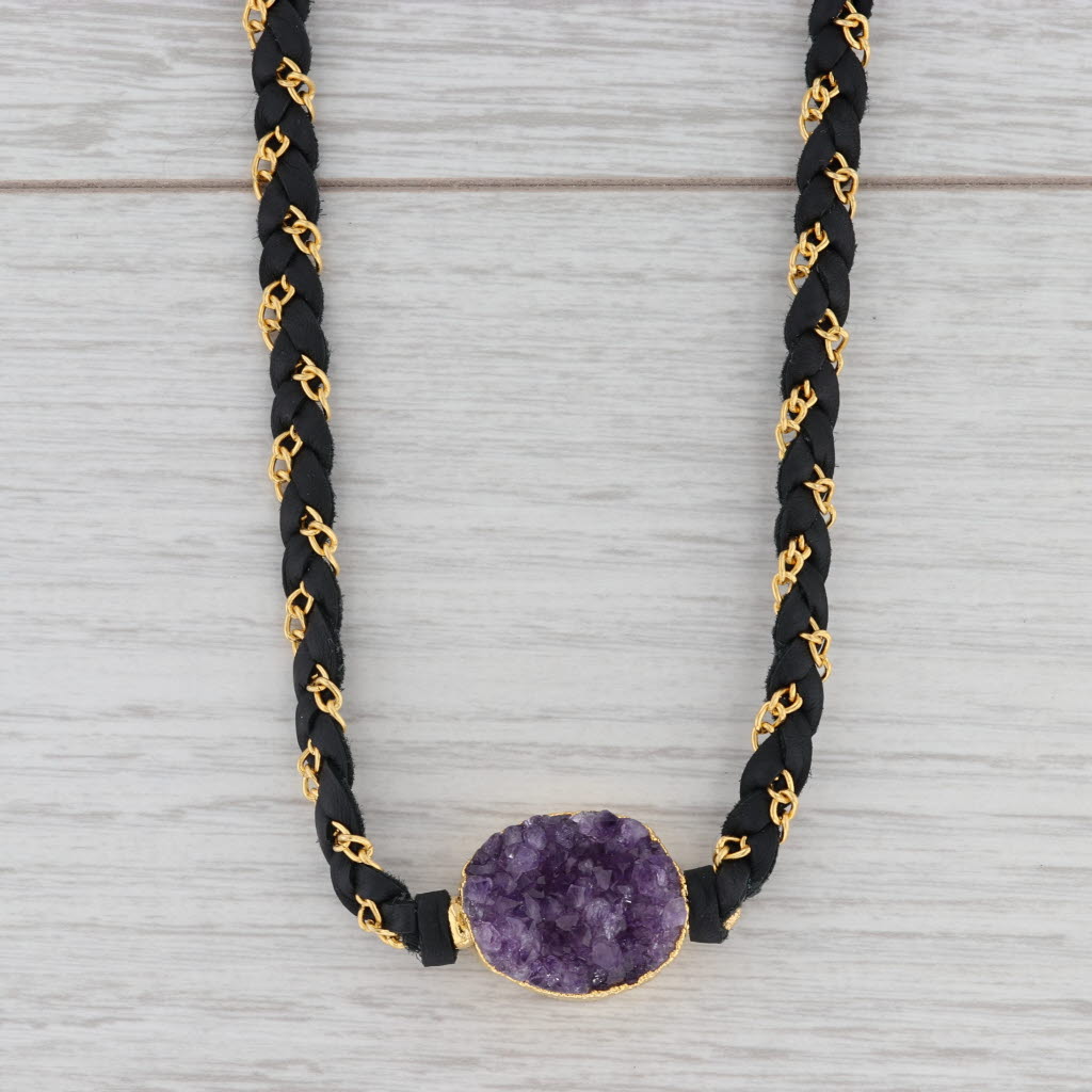 New Nina Wynn Cordelia Necklace Amethyst Druzy Pendant Black Leather NWT