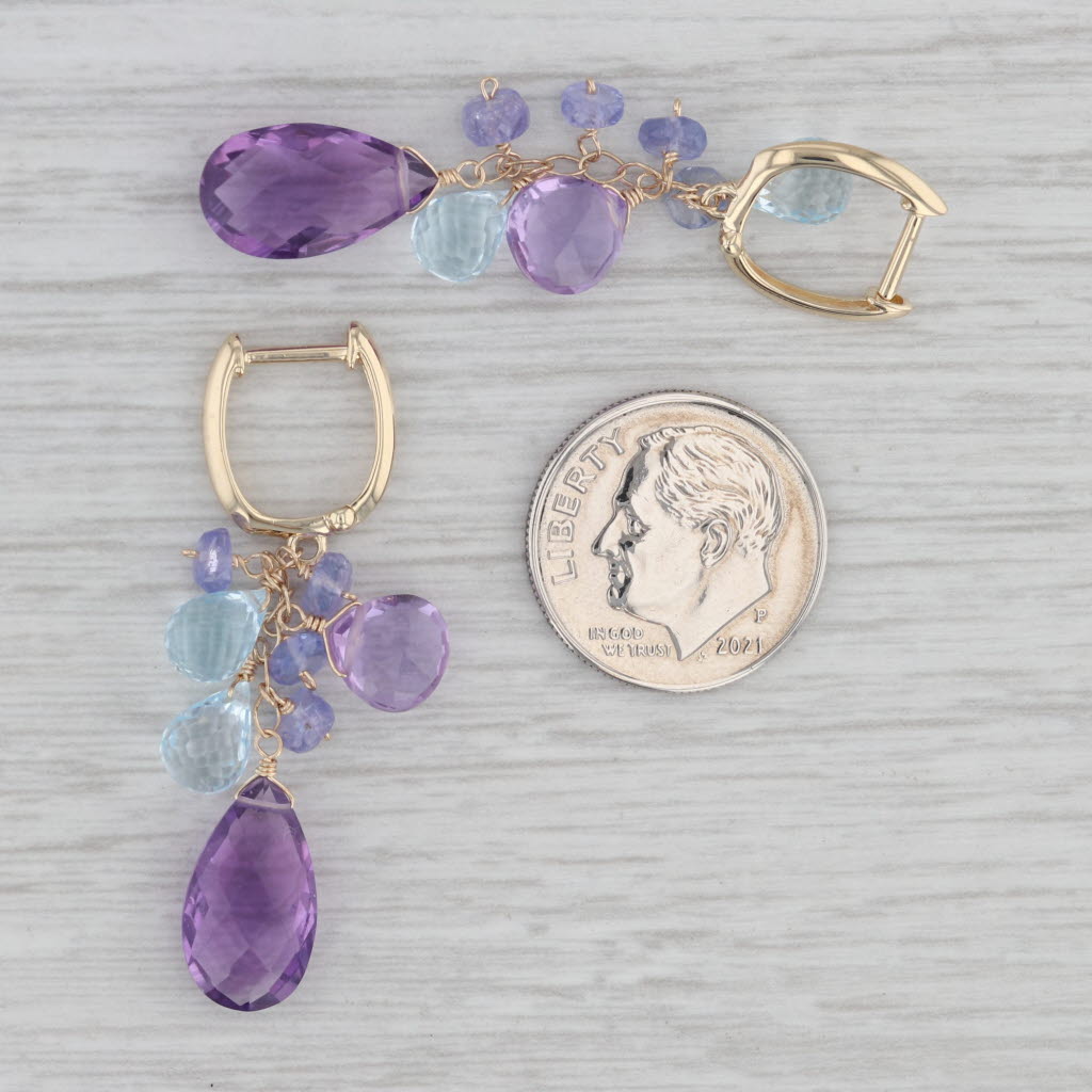 Gray Amethyst Blue Topaz Tanzanite Briolette Gemstone Drop Dangle 14K Earrings