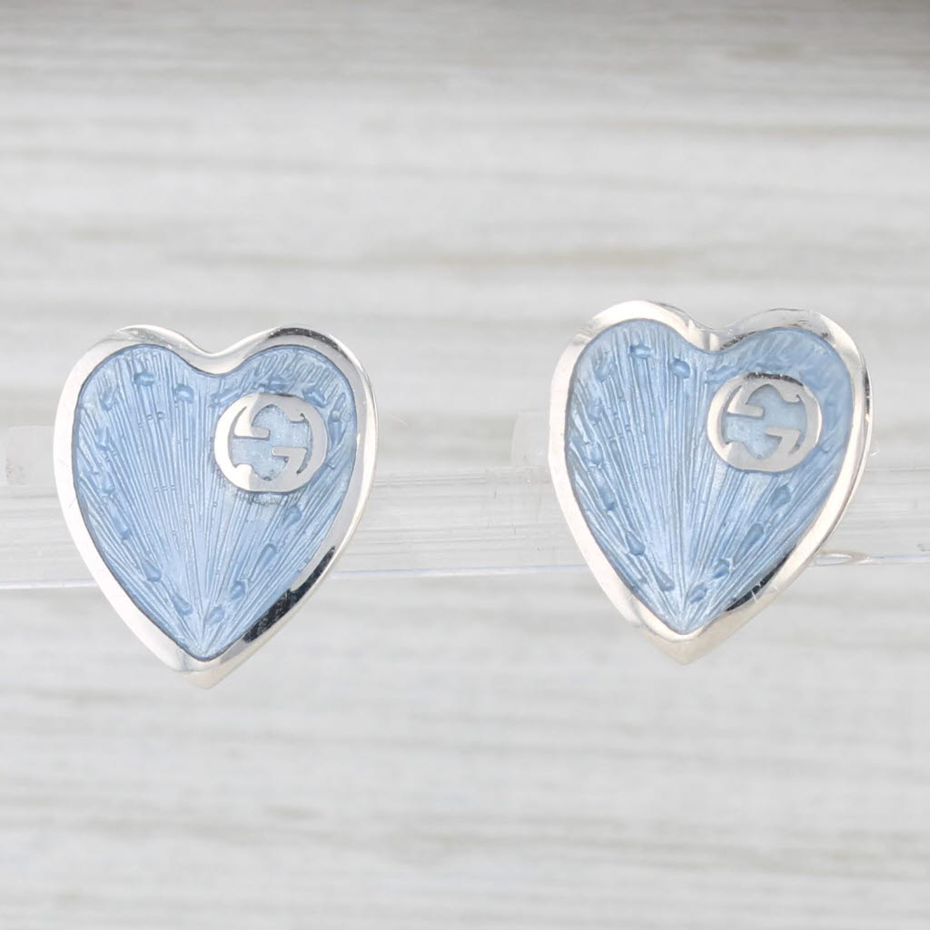 Light Gray Gucci Blue Enamel Heart Stud Earrings Sterling Silver