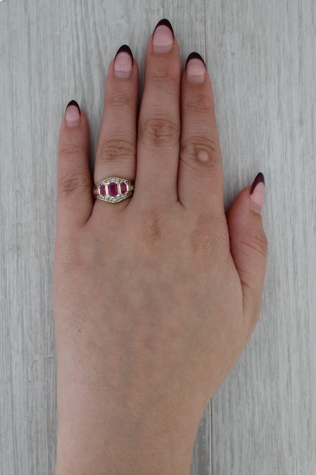 1.55ctw Ruby 3-Stone Diamond Ring 10k Yellow Gold Size 6