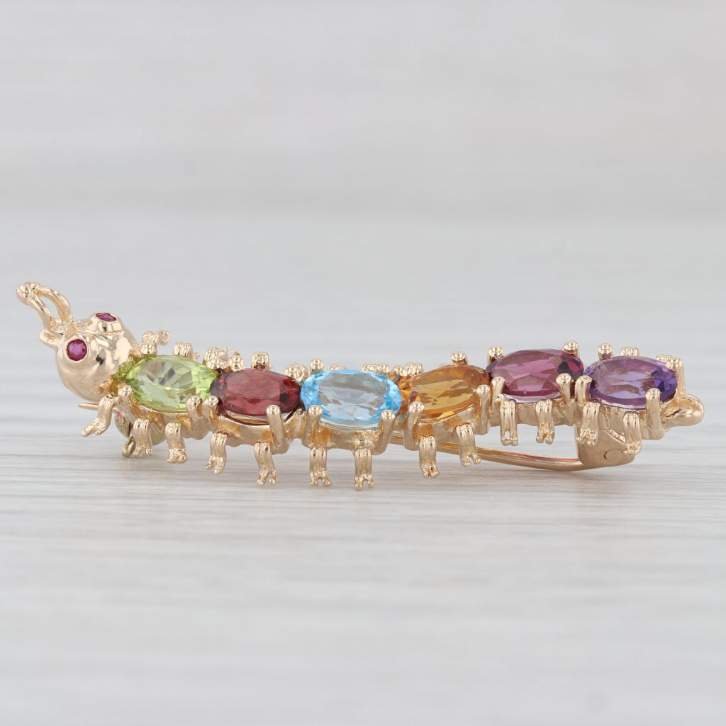 Light Gray 1.86ctw Gemstone Centipede Brooch 14k Gold Peridot Topaz Garnet Amethyst Pin