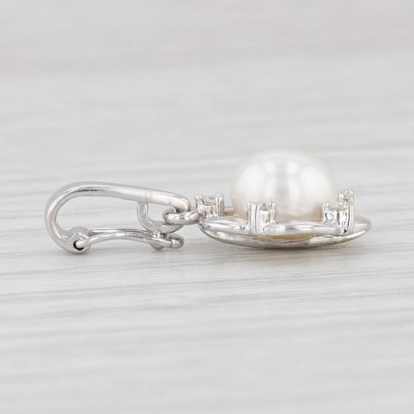 Light Gray Cultured Button Pearl Diamond Enhancer Pendant 14k White Gold Small Drop