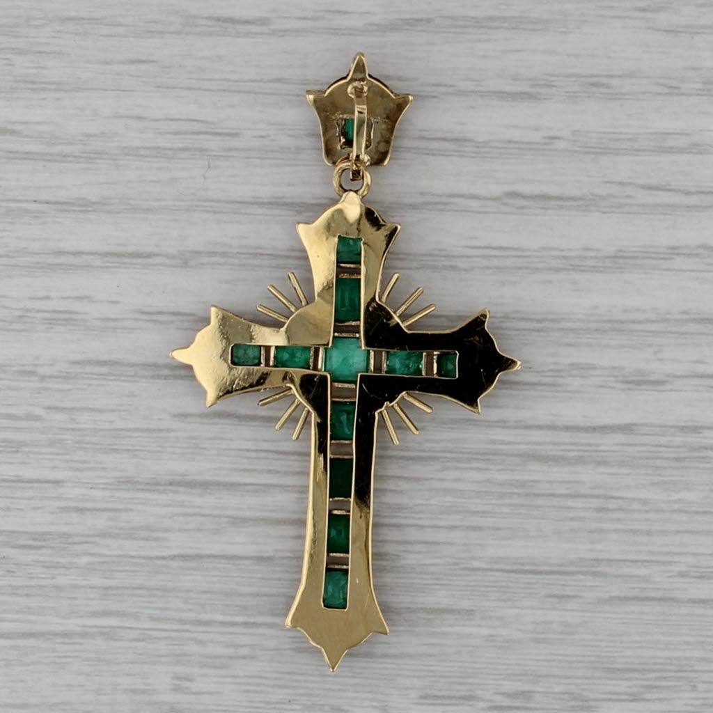 Vintage 3ct Emerald Rayed Cross Pendant 18k Yellow Gold Ornate Large Drop
