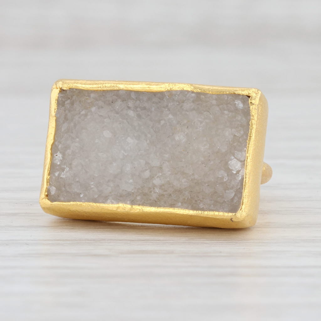 New Nina Wynn White Druzy Quartz Ring Sterling Silver 22k Gold Vermeil Size 6