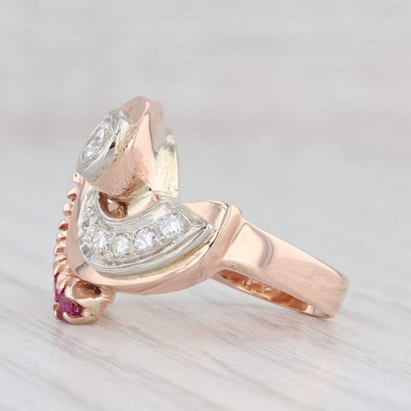 Light Gray Retro Gemstone Cocktail Ring 0.82ctw Ruby Diamond 14k Rose White Gold Size 4.5