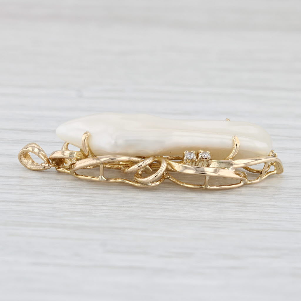 Light Gray Baroque Pearl Diamond Pendant 14k Yellow Gold Statement Drop