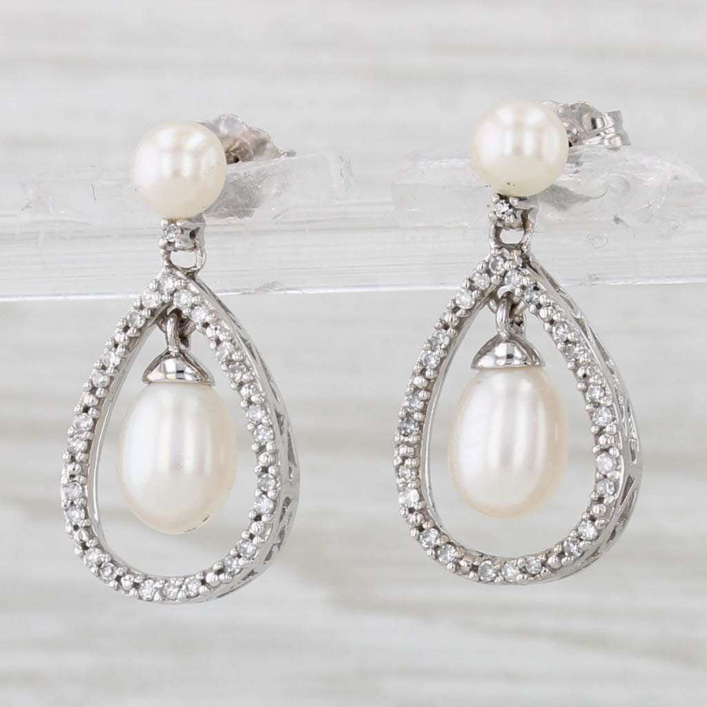 Light Gray Cultured Pearl Diamond Teardrop Earrings 14k White Gold