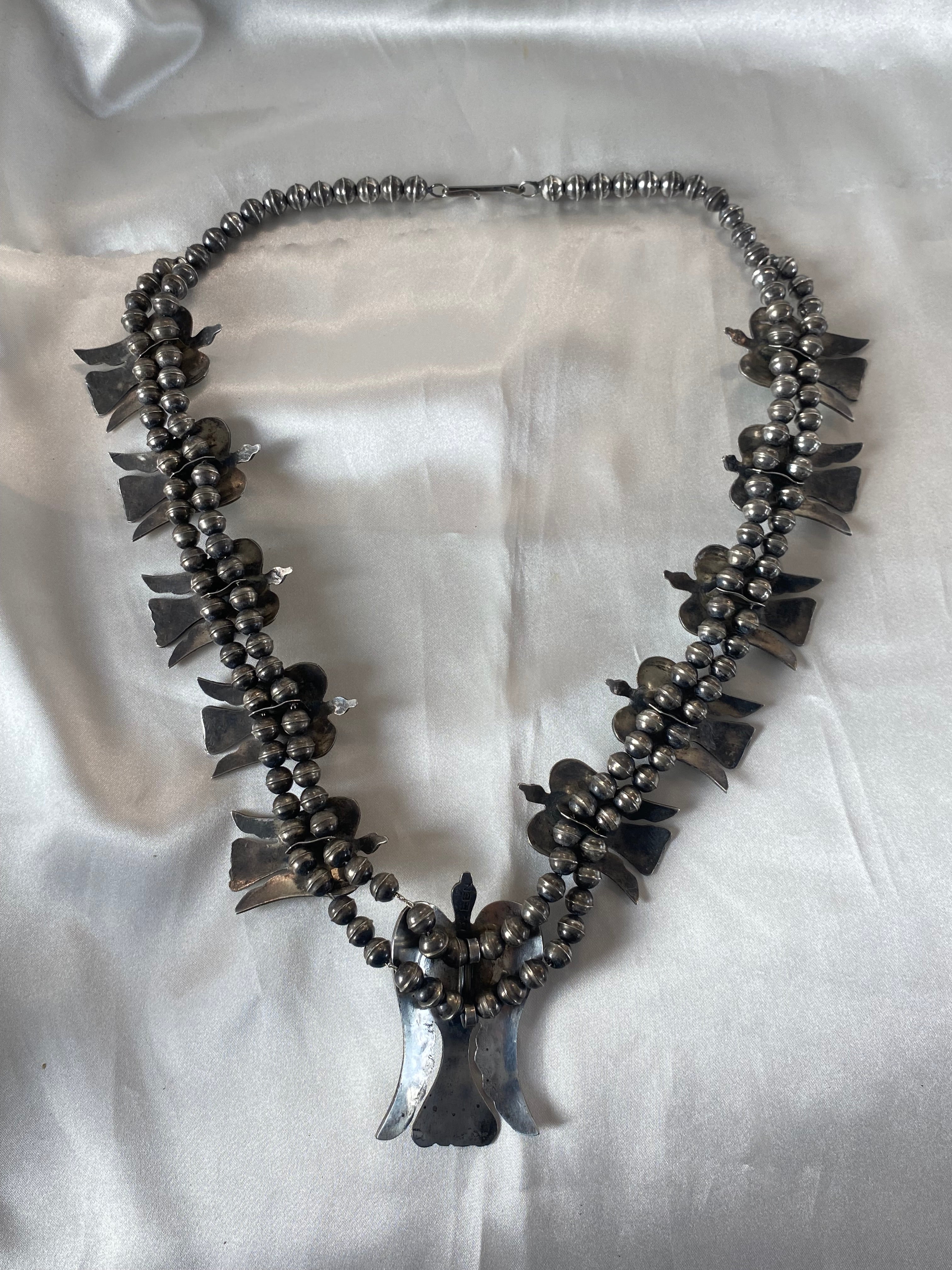 B Ben Native American Stone Mosaic Eagle Squash Blossom Necklace Sterling Silver