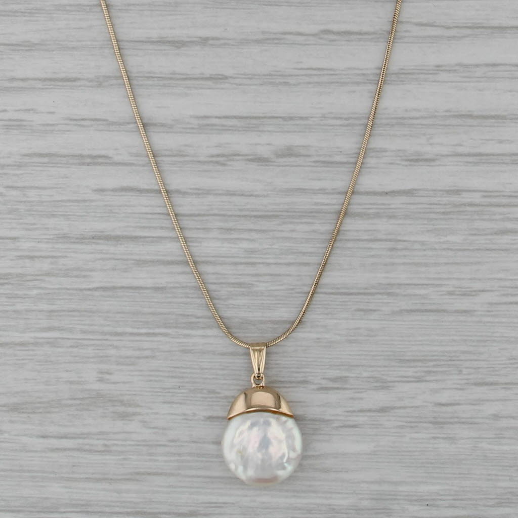 Cultured Coin Pearl Pendant Necklace 14k Yellow Gold 18.5" Snake Chain