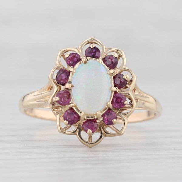 Light Gray Opal Ruby Halo Flower Ring 14k Yellow Gold Size 10.5 Oval Cabochon