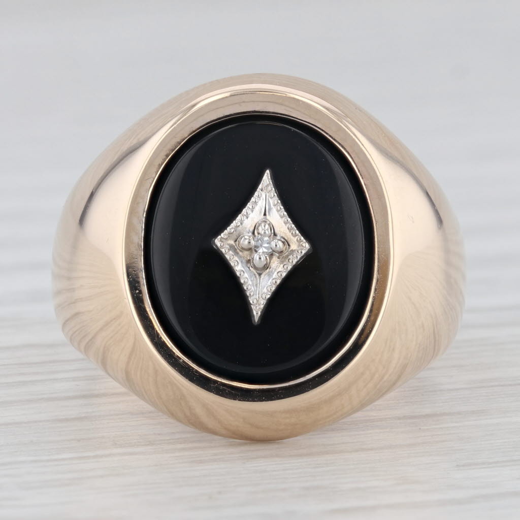 Light Gray Diamond Onyx Signet Ring 10k Yellow Gold Men's Vintage Size 10