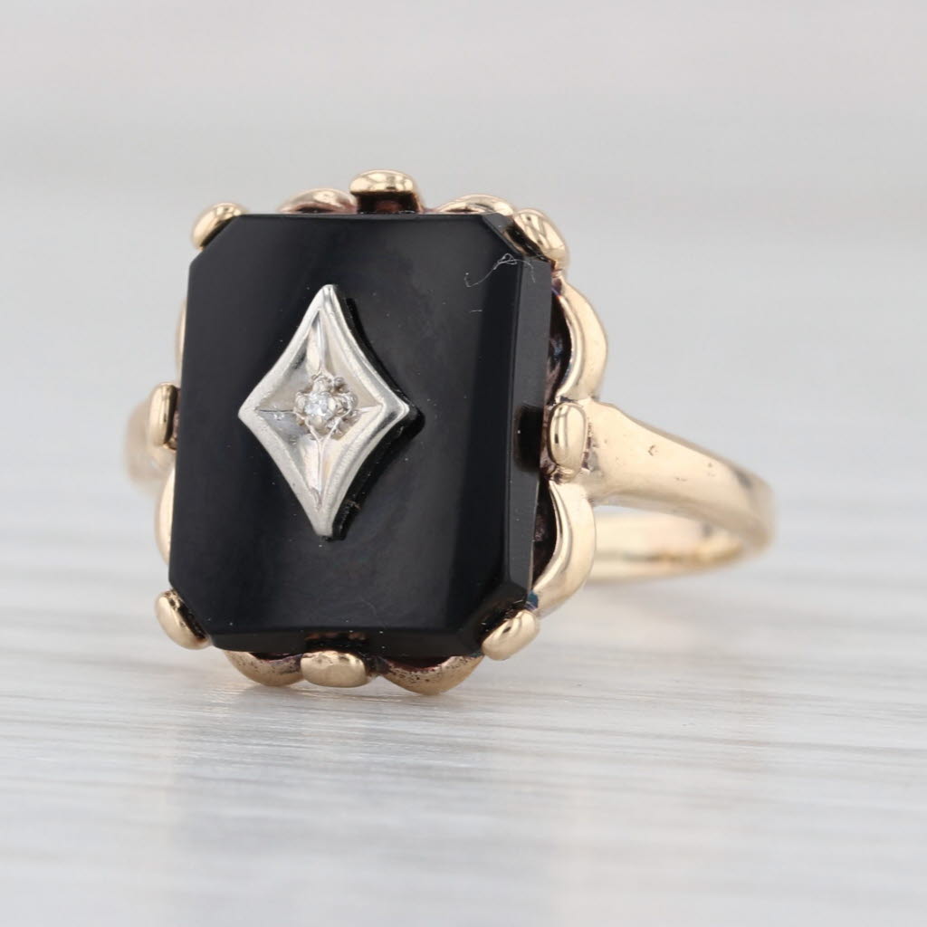 Vintage Diamond Onyx Signet Ring 10k Yellow Gold Size 5