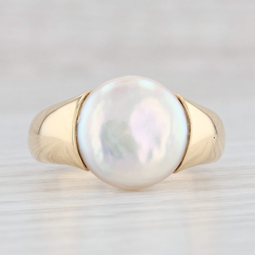 Light Gray Yuel Cultured Button Pearl Solitaire Ring 18k Yellow Gold Size 7