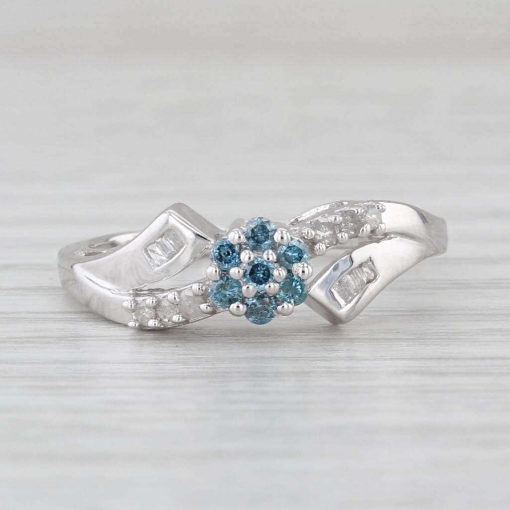 0.18ctw Blue White Diamond Flower Ring 10k White Gold Bypass Size 7