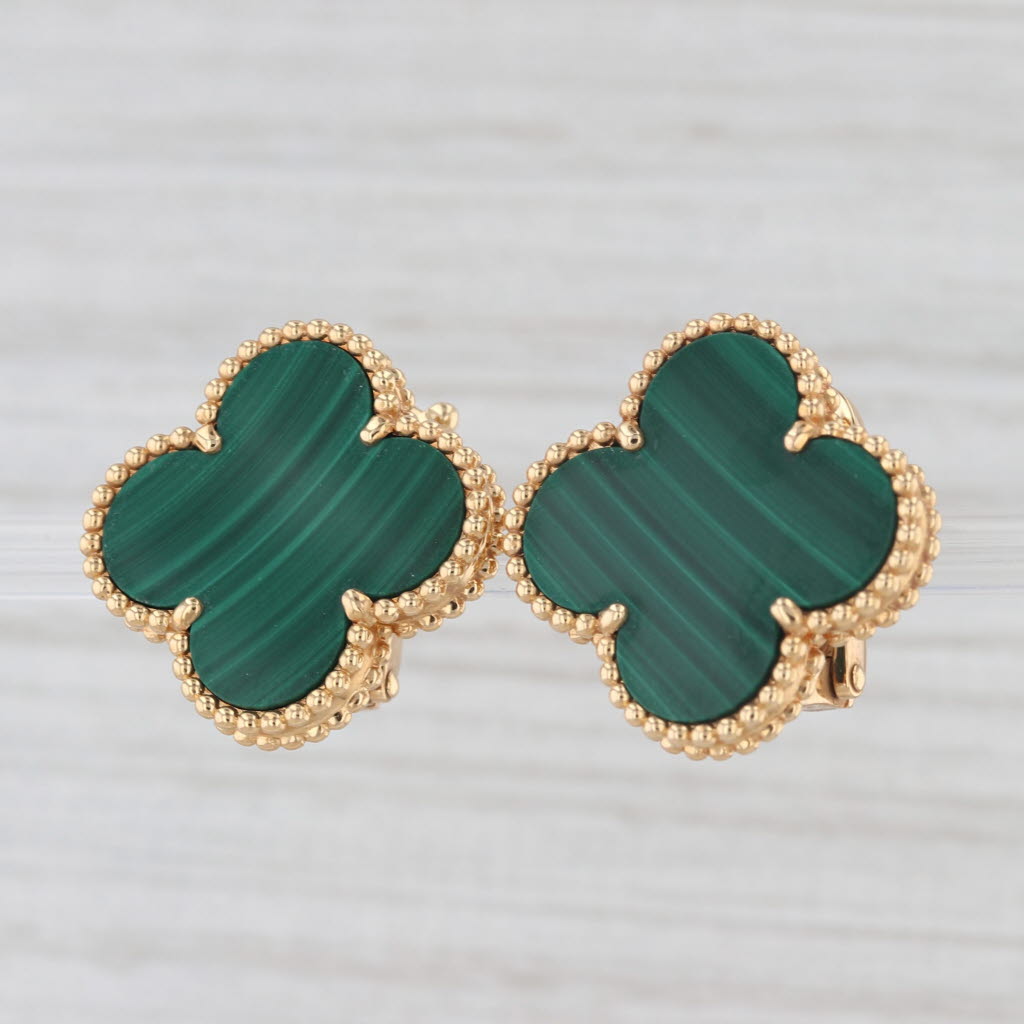 Light Gray Van Cleef Arpels VCA Alhambra Malachite Magic Clover Earrings 18k Gold Box Cert