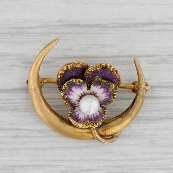Gray Antique Flower Crescent Moon Cultured Pearl Brooch 14k Gold Art Nouveau Pin