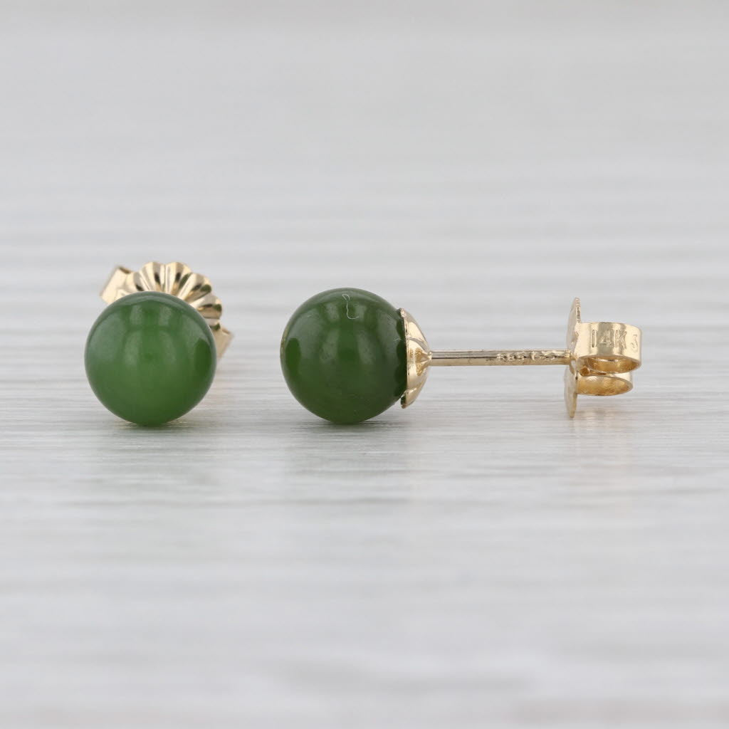 Vintage Green Nephrite Jade Bead Stud Earrings 14k Yellow Gold 6.1mm
