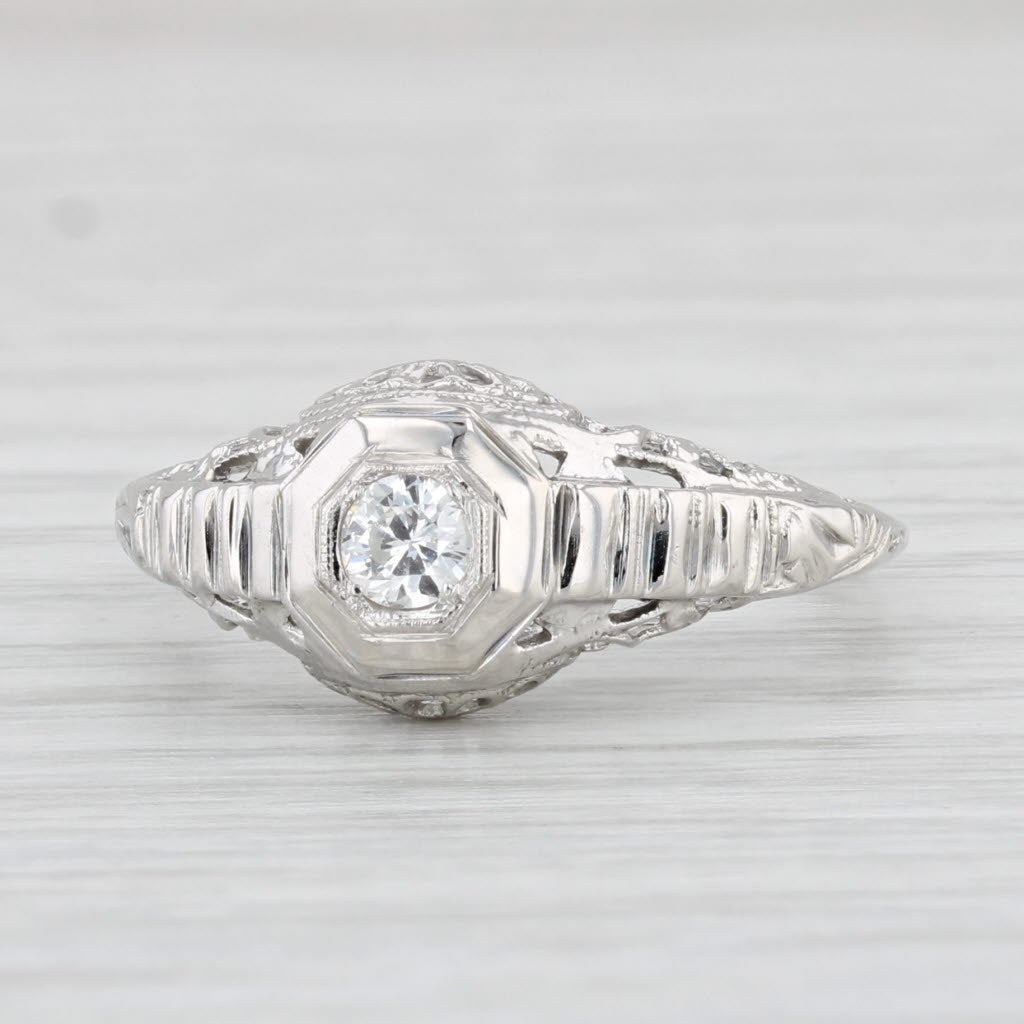 Light Gray Art Deco 0.15ct Diamond Solitaire Engagement Ring 18k White Gold Filigree S 6.25