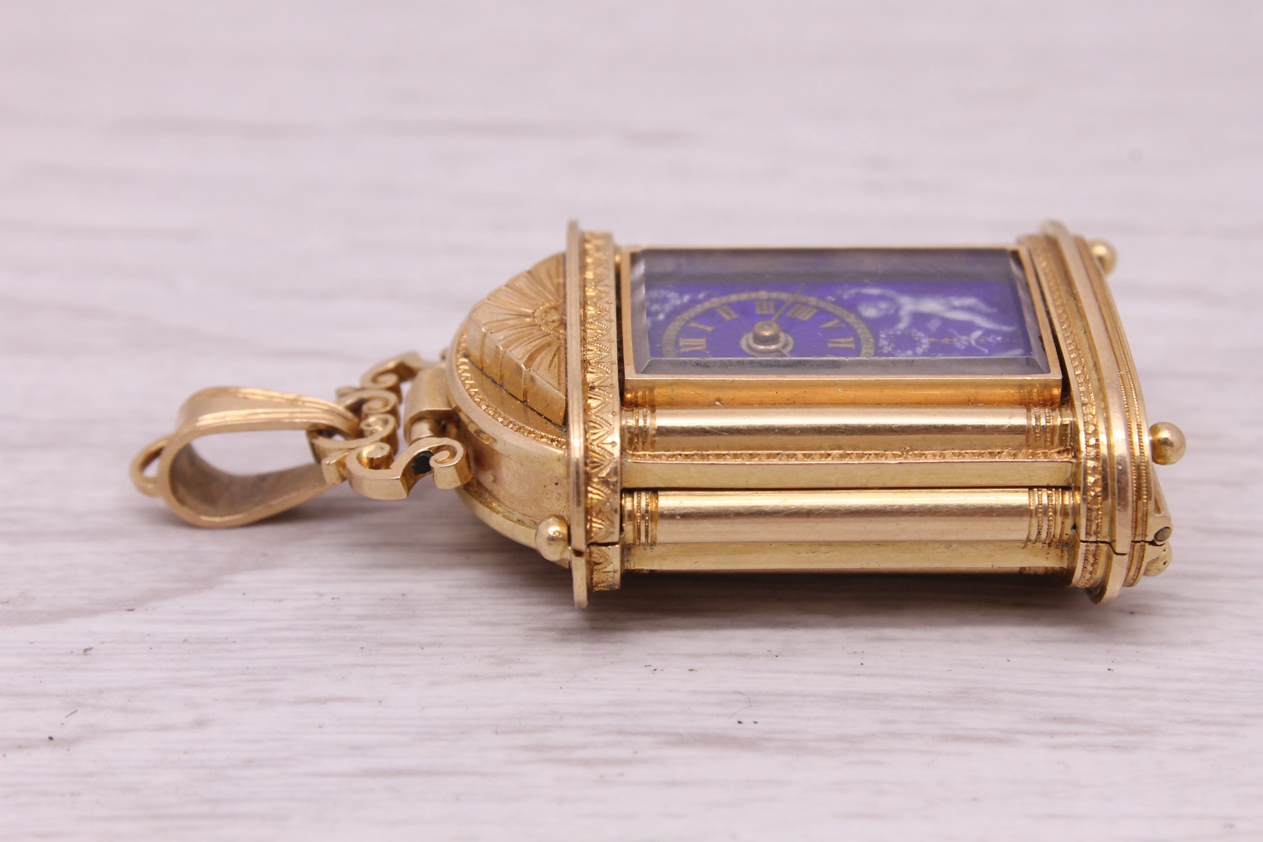 Antique c.1860 18k Gold Miniature Keywind Case Clock Pendant Blue Enamel Dial