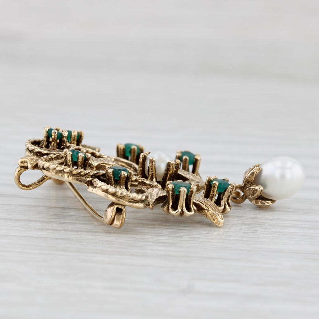 Light Gray Green Chalcedony Cultured Pearl Drop Brooch 14k Yellow Gold Vintage Floral Pin
