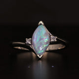 Black Opal Diamond Ring 10k White Gold Size 4.5 Marquise Cabochon Solitaire