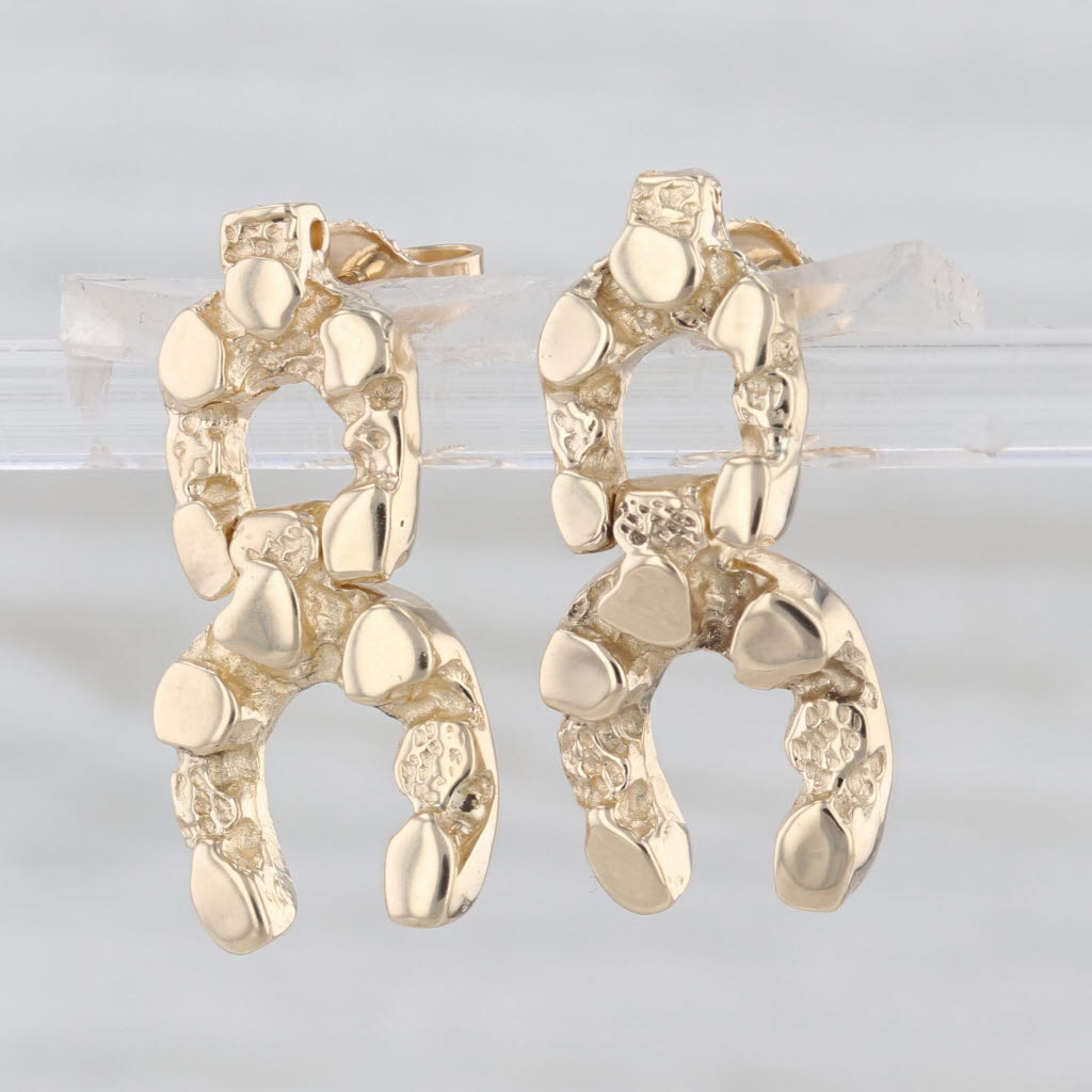 Gold Nugget Horseshoe Dangle Earrings 14k Yellow Gold Butterfly Back Drops