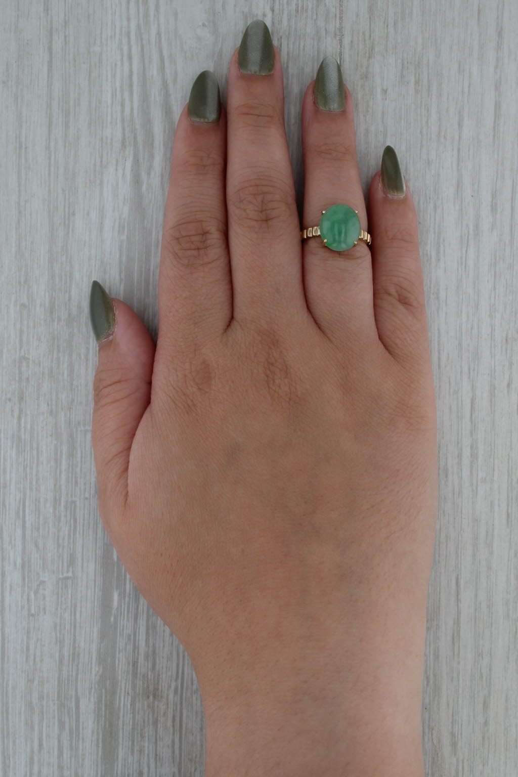 Jadeite Jade Solitaire Ring 14k Yellow Gold Size 6.25 Oval Cabochon