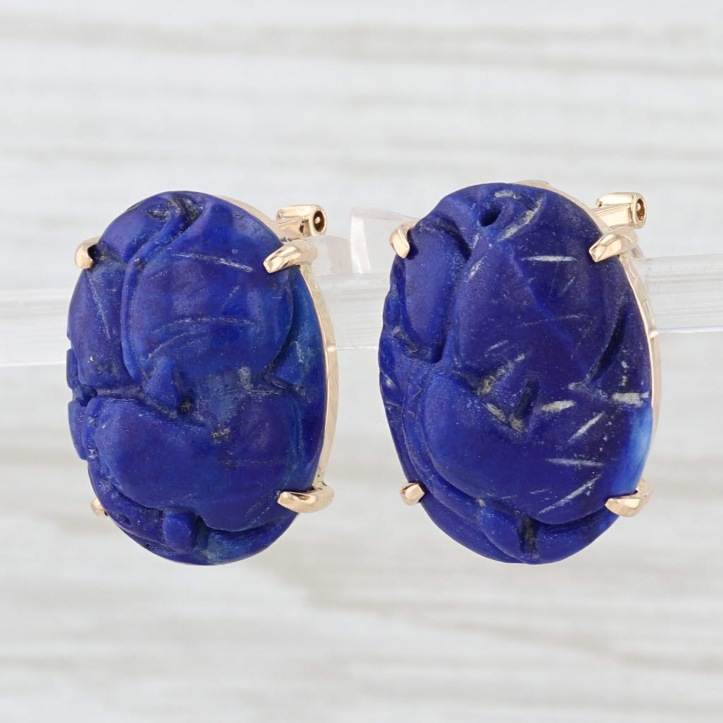 Vintage Carved Oval Lapis Lazuli Earrings 14k Yellow Gold Omega Backs
