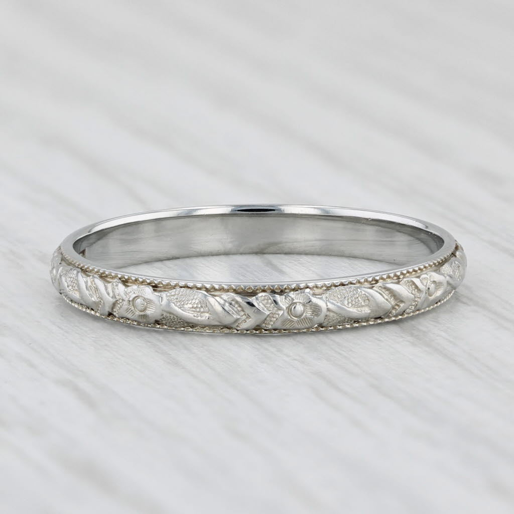 Light Gray Vintage Floral Etched Wedding Band 18k White Gold Stackable Ring Size 9 Woods