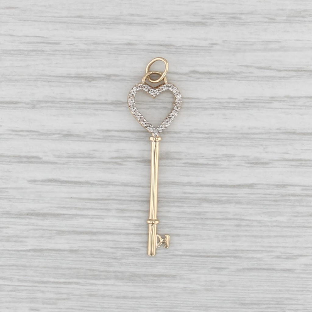 0.10ctw Diamond Heart Skeleton Key Pendant 14k Yellow Gold Charm