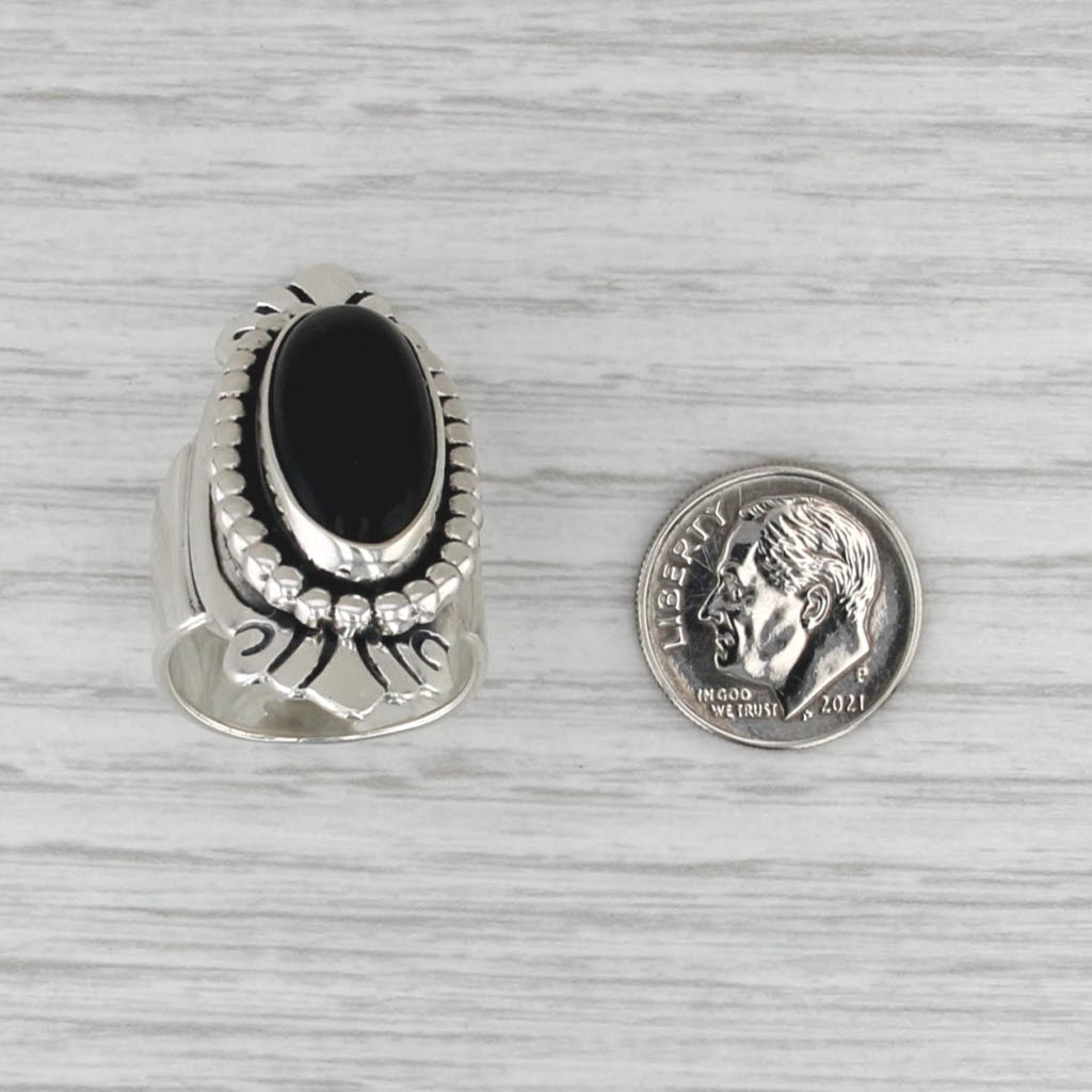Obsidian Black Oval Cabochon Sterling Silver Ring Size 6.5 Statement